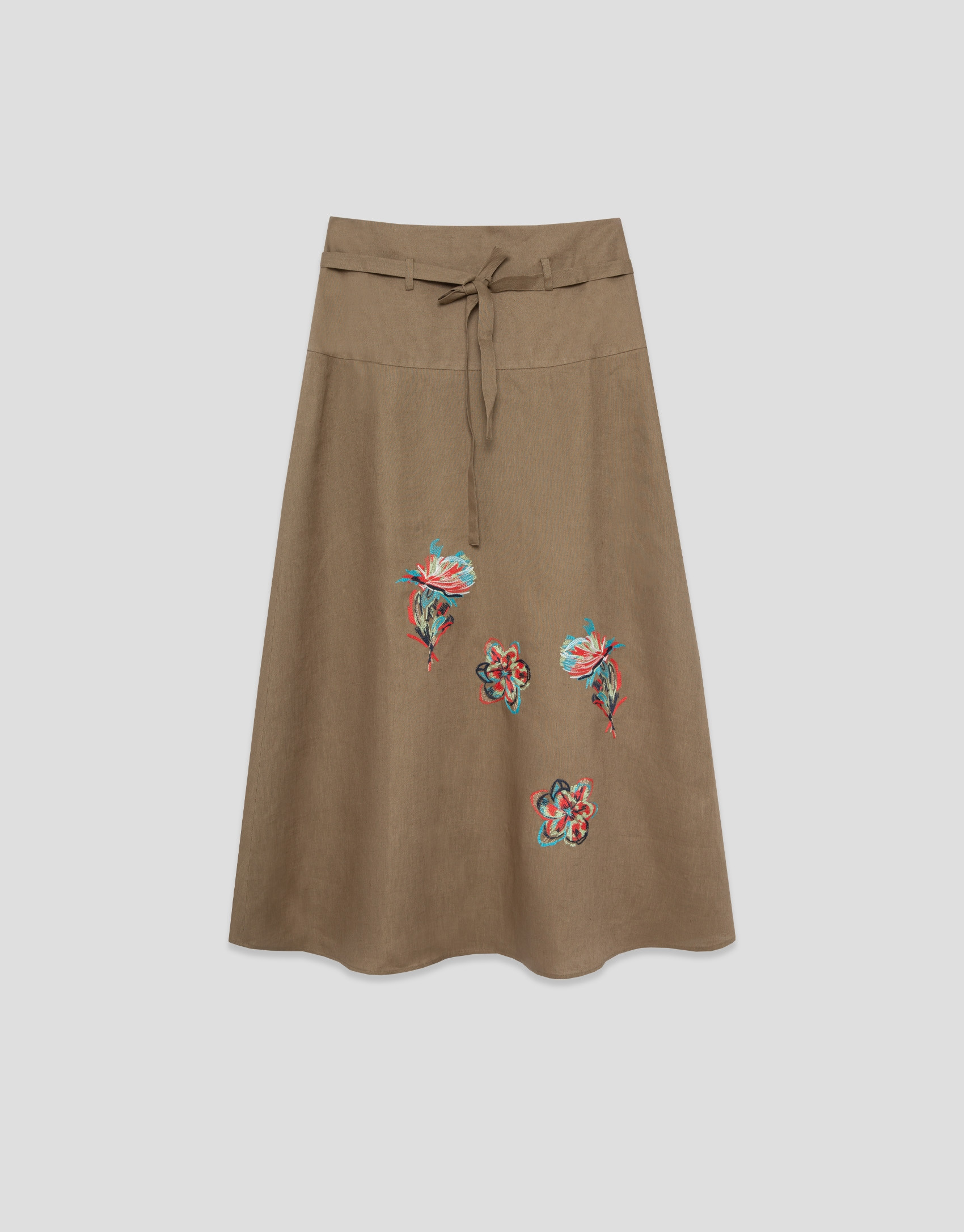 Falda midi en lino cámel con bordado floral | Roberto Verino