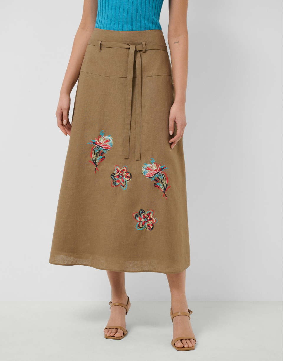 Falda midi en lino cámel con bordado floral | Roberto Verino