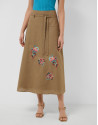 Falda midi en lino cámel con bordado floral | Roberto Verino