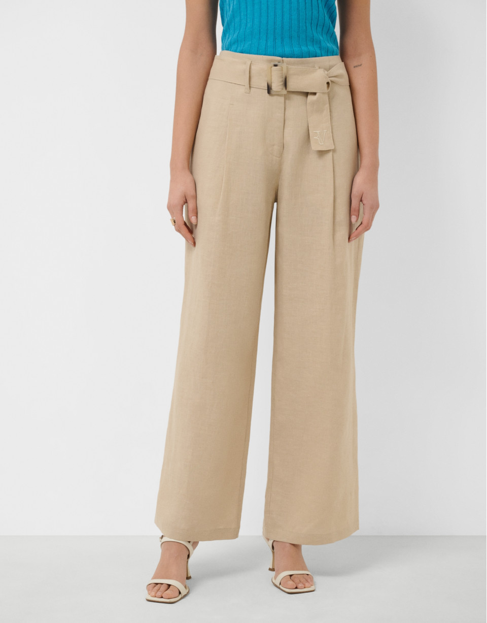 Light beige flowing trousers with belt - Woman | Roberto Verino