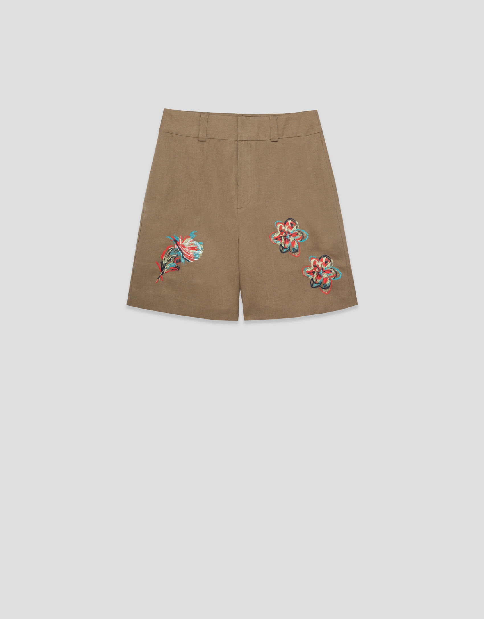 Pantalón bermuda lino cámel con bordado floral | Roberto Verino