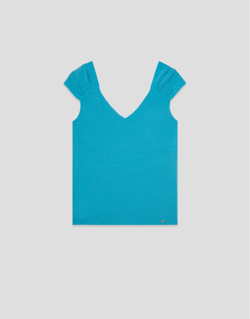 Turquoise blue t-shirt with gathered shoulder | Roberto Verino