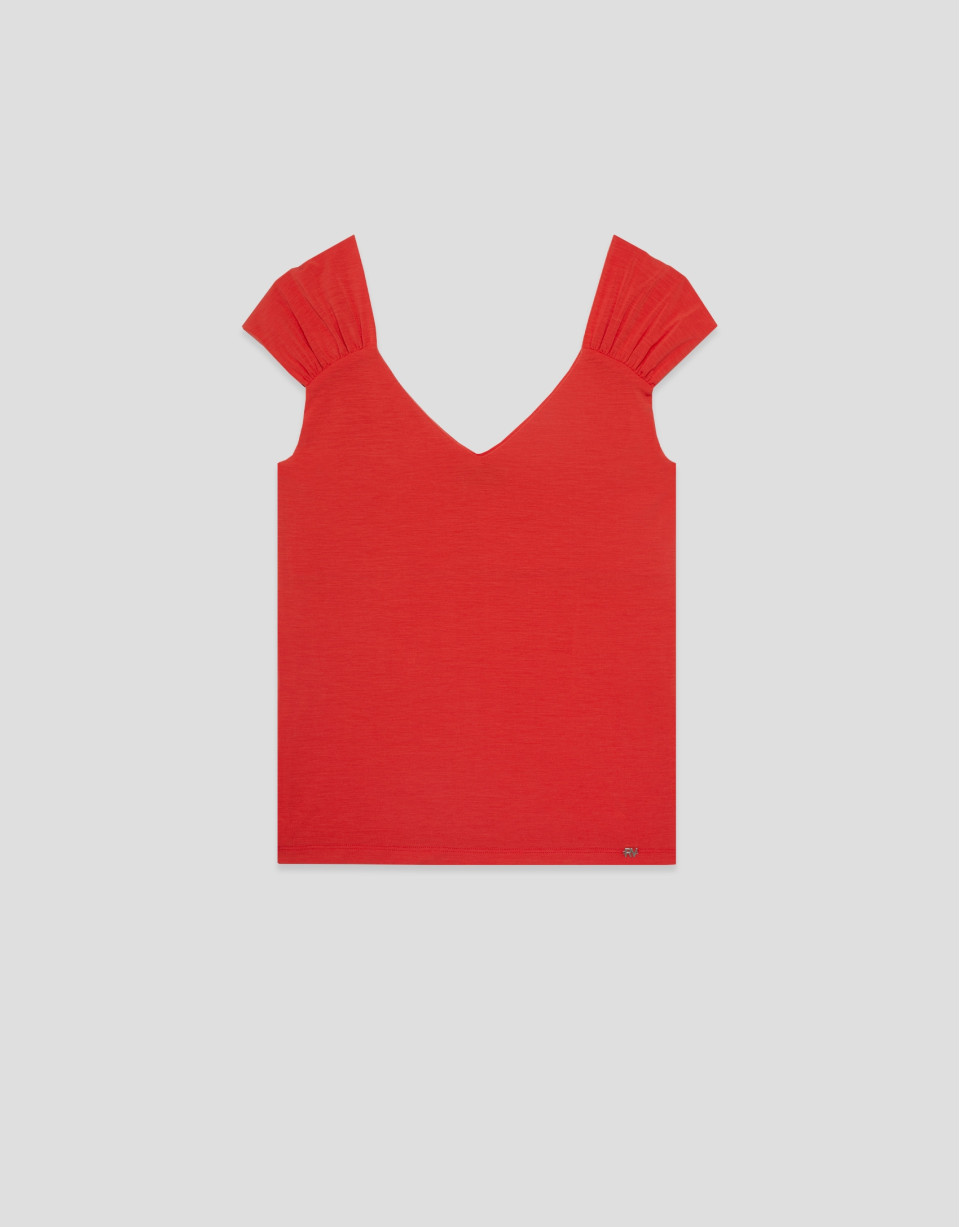 Camiseta hombro fruncido rojo coral - Mujer | Roberto Verino