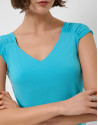 Turquoise blue t-shirt with gathered shoulder | Roberto Verino