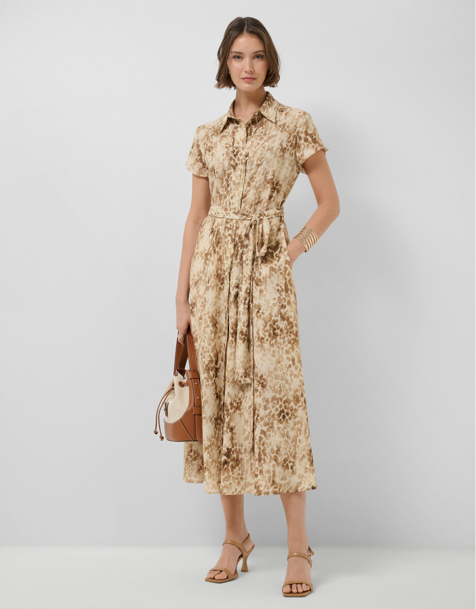 Camel-coloured printed shirt dress - Woman | Roberto Verino