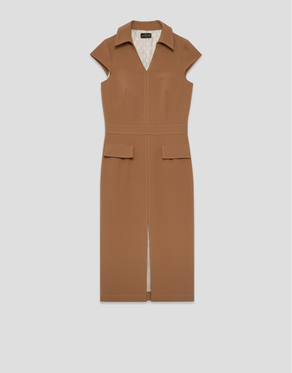 Sleeveless camel dress with V-neck - Woman | Roberto Verino