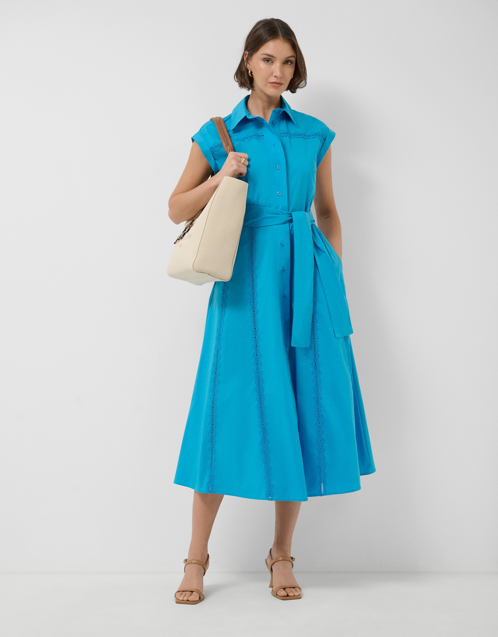 Blue shirt midi dress with lace trim - Woman | Roberto Verino