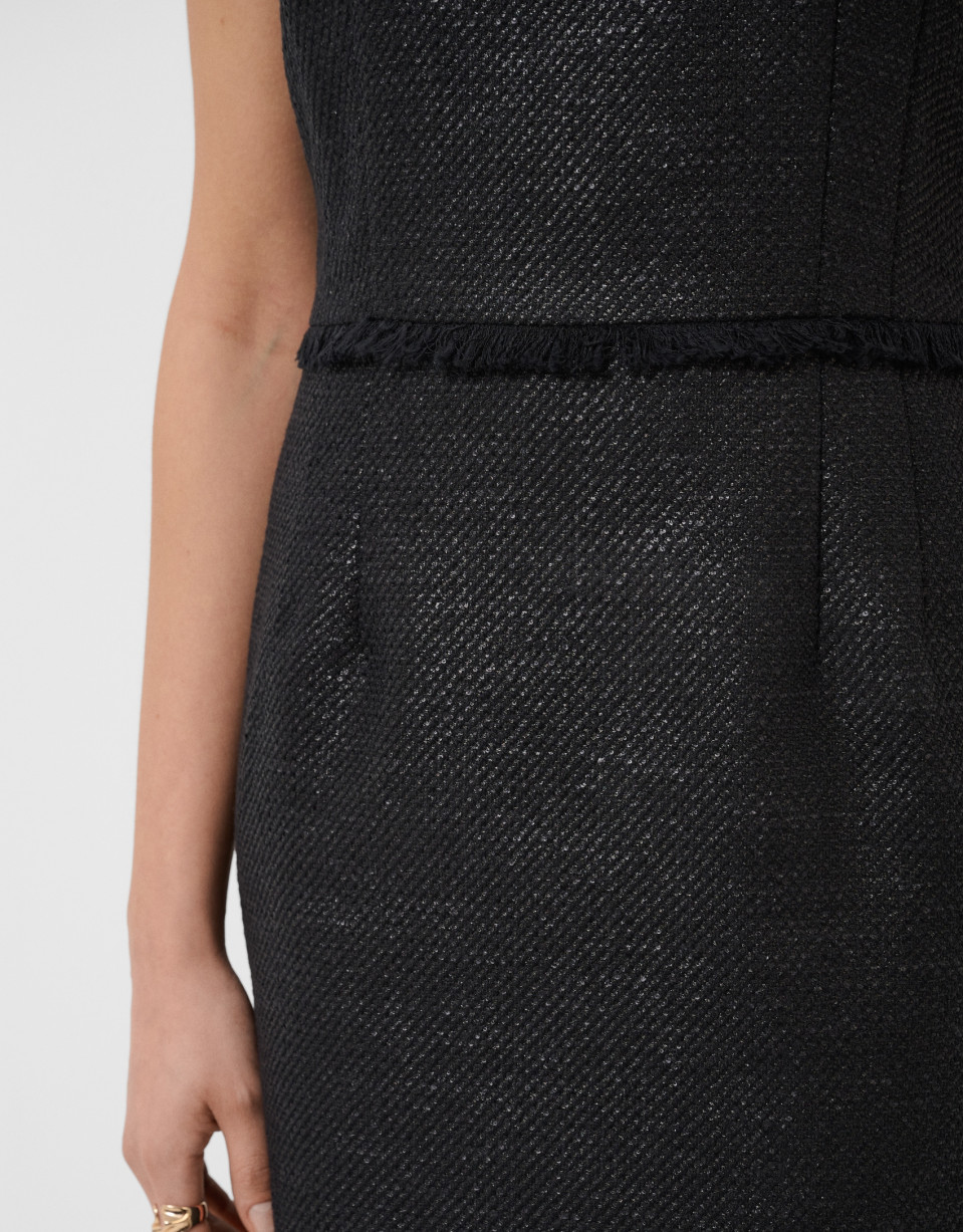 Straight sleeveless dress in black weave fabric | Roberto Verino
