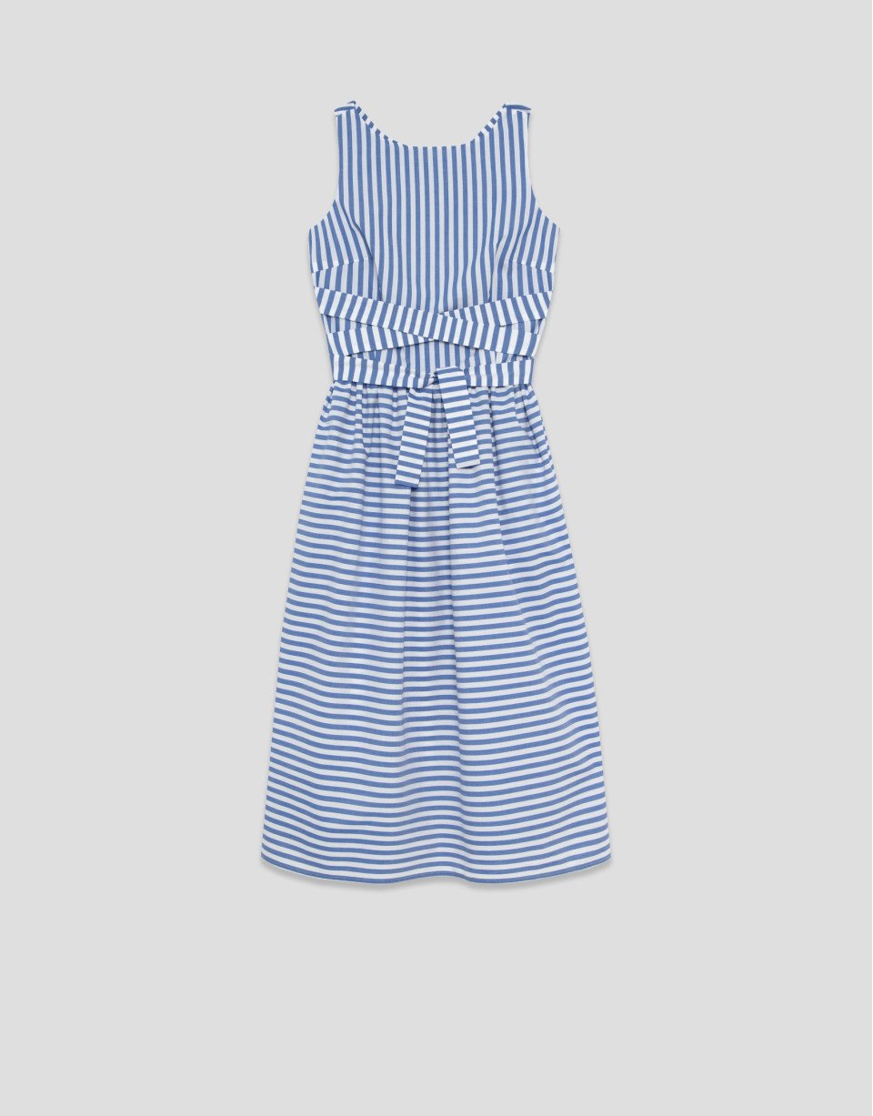 White cotton cross-strap dress with blue stripes | Roberto Verino