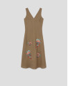 Camel linen sleeveless dress with floral ... | Roberto Verino