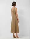 Camel linen sleeveless dress with floral ... | Roberto Verino
