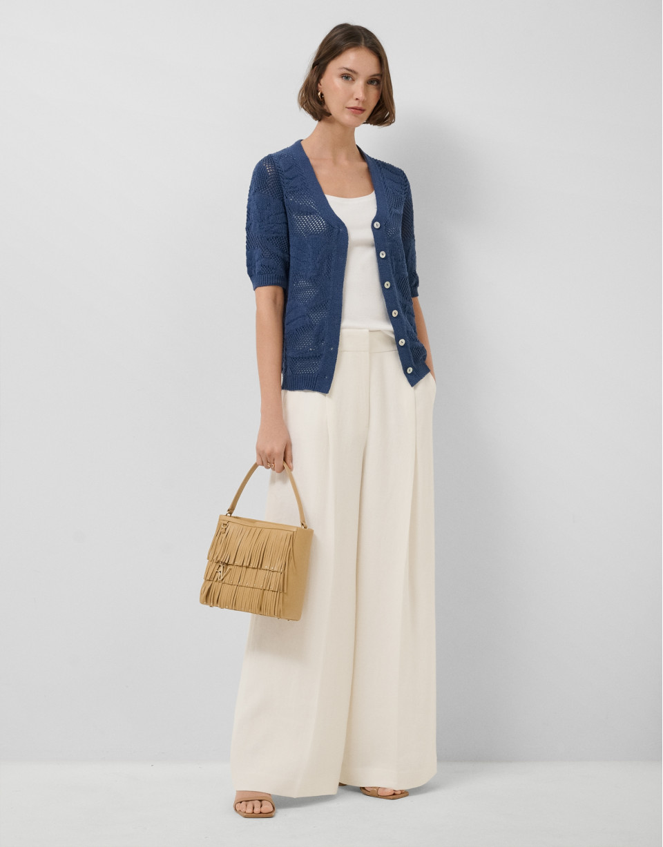 Short-sleeved jacket with navy blue floral ... | Roberto Verino