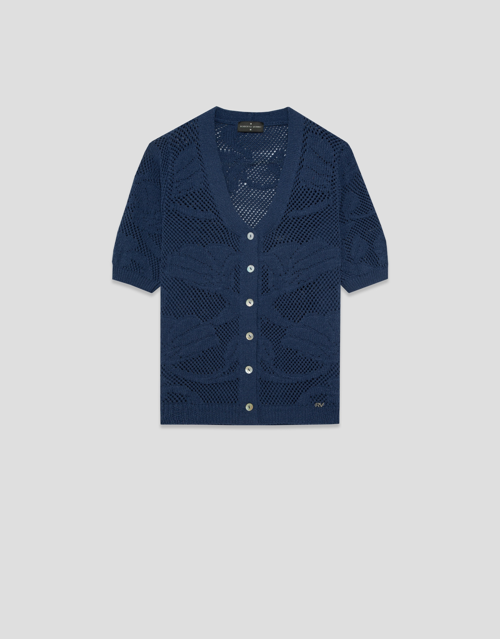 Short-sleeved jacket with navy blue floral ... | Roberto Verino