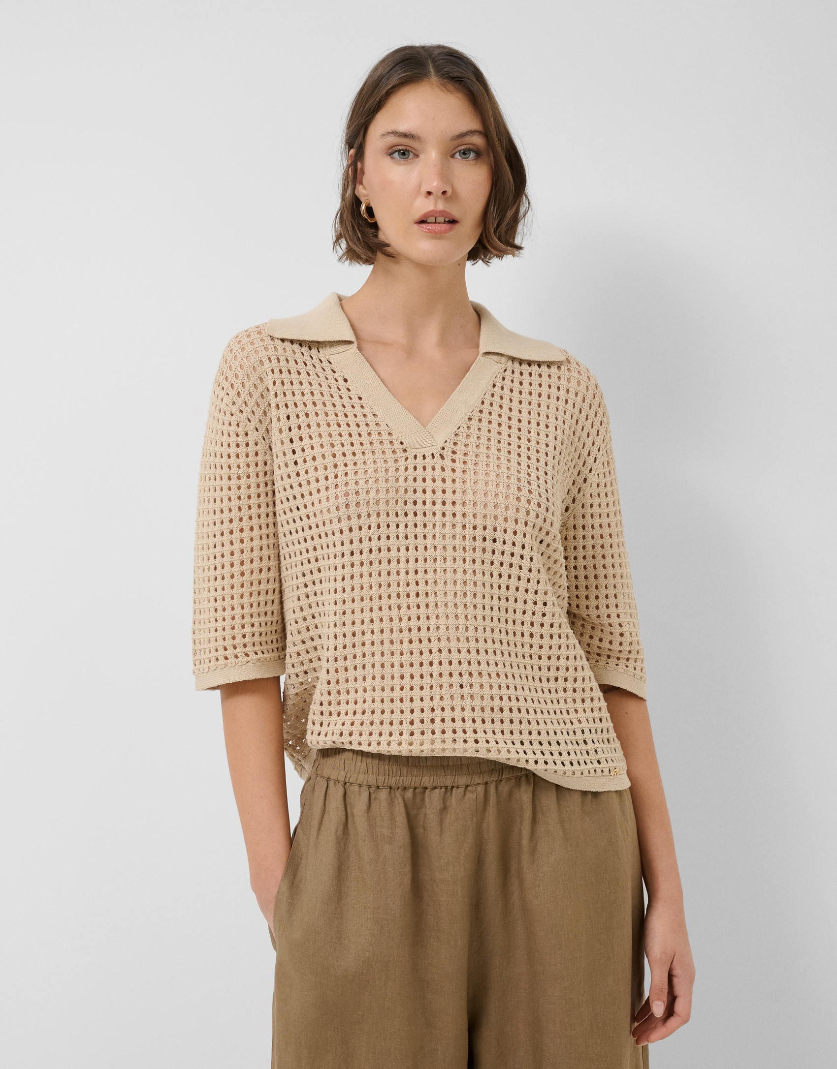 Camel openwork polo jumper - Woman - SS2026 | Roberto Verino