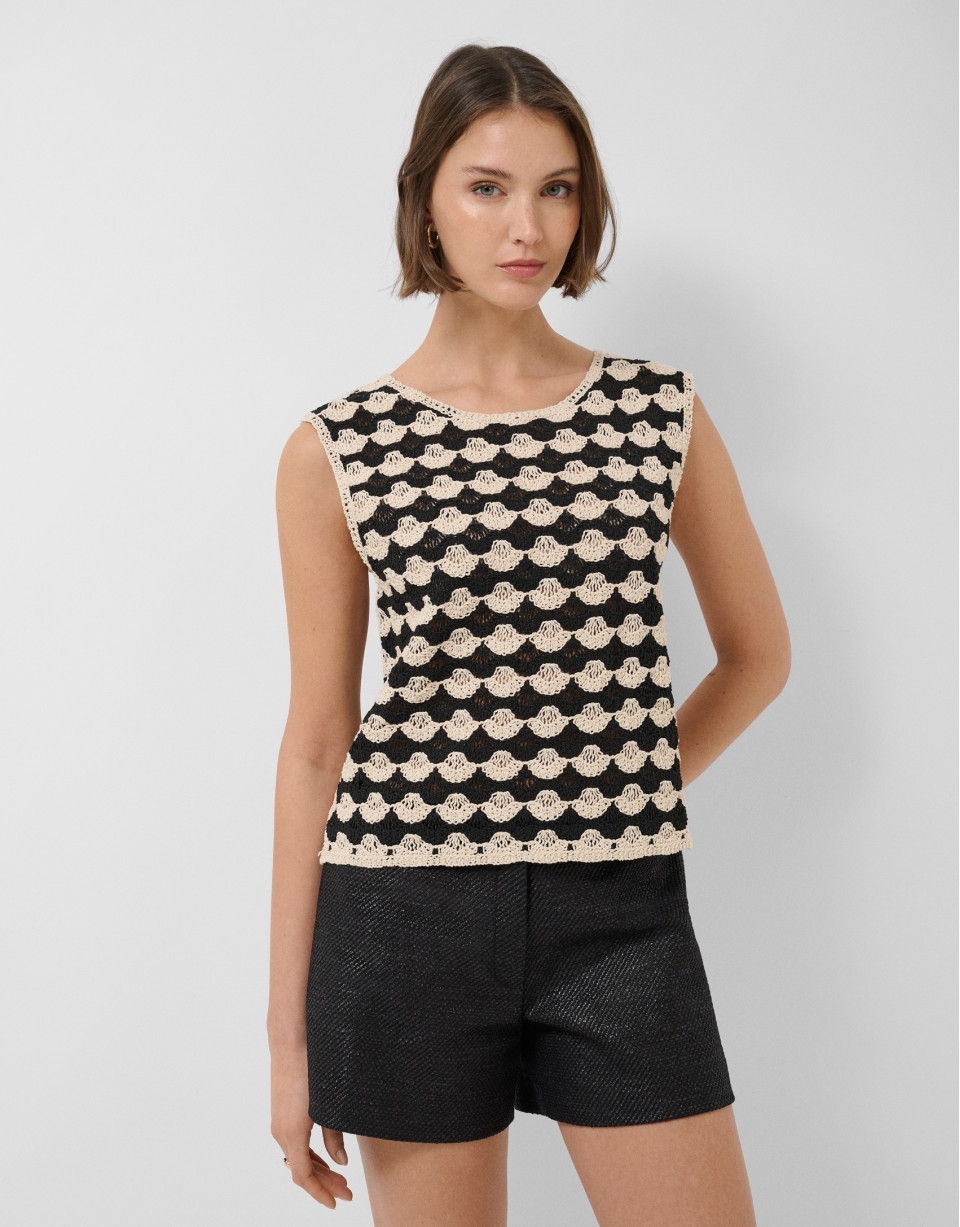 Top corto punto mosaico beige y negro - Mujer | Roberto Verino