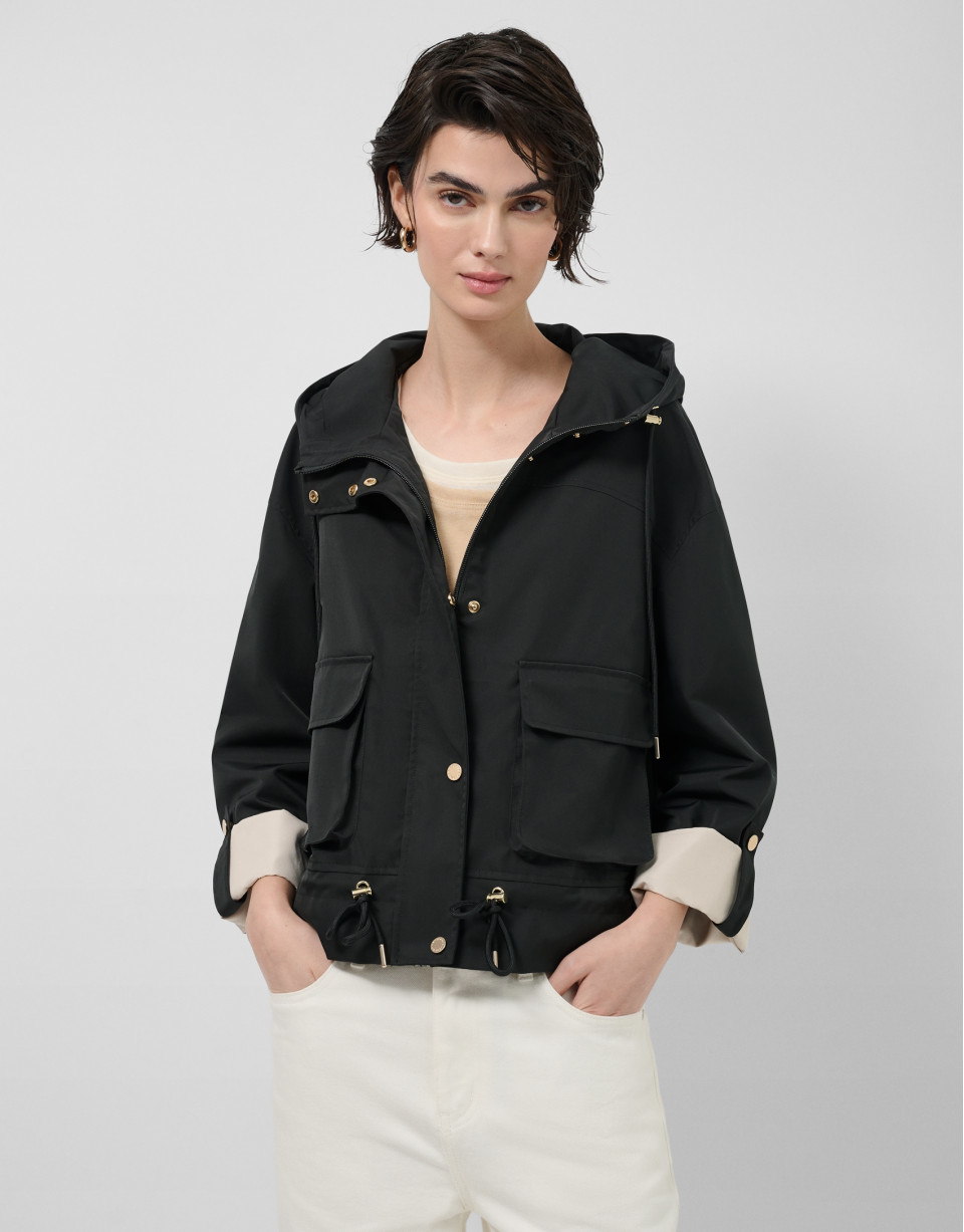Black technical fabric jacket with camel ... | Roberto Verino