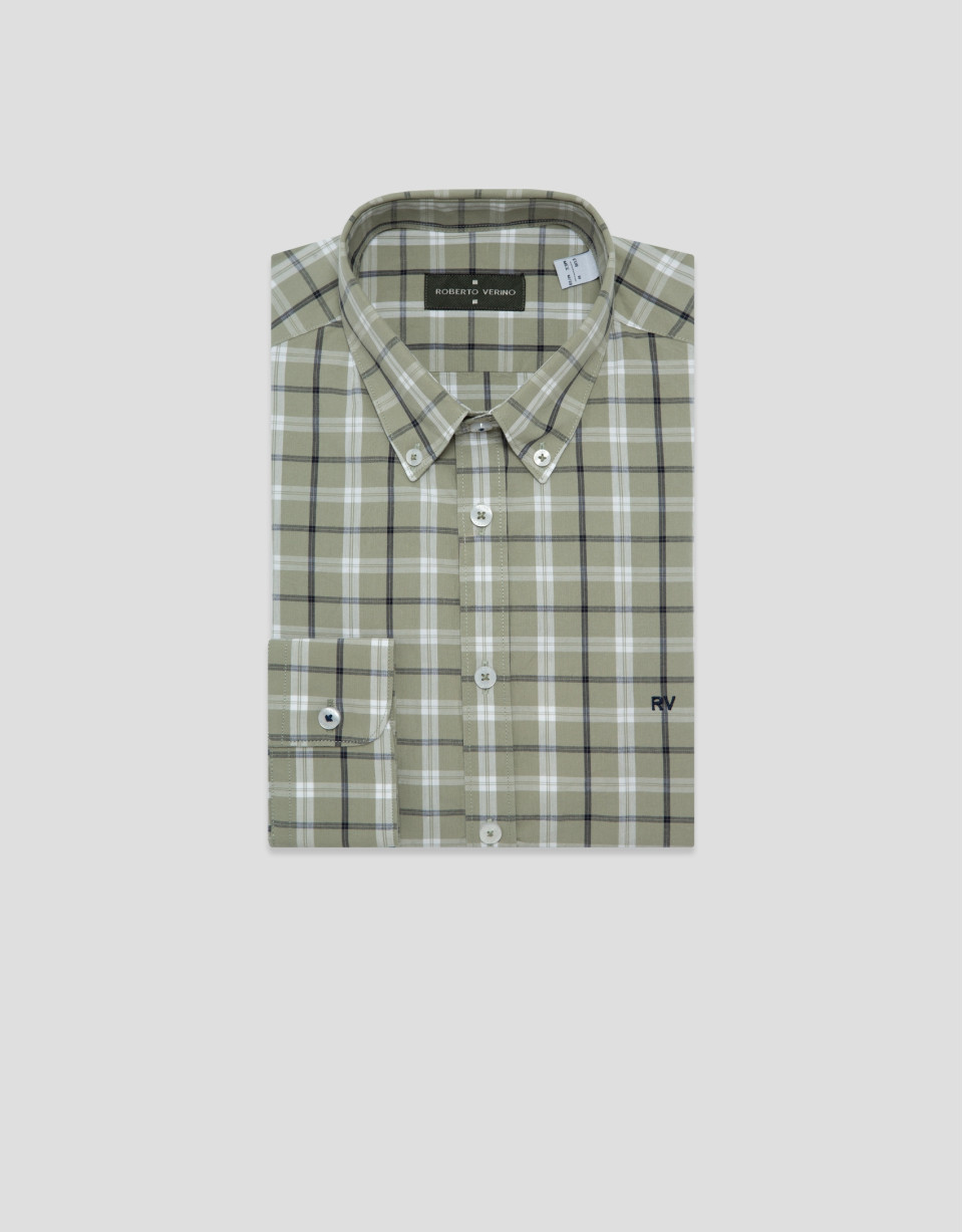 Regular fit khaki checked shirt with navy and... | Roberto Verino