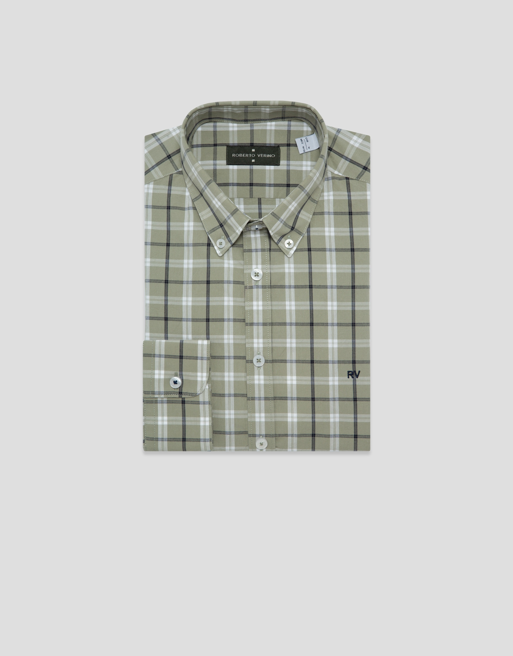 Regular fit khaki checked shirt with navy and... | Roberto Verino
