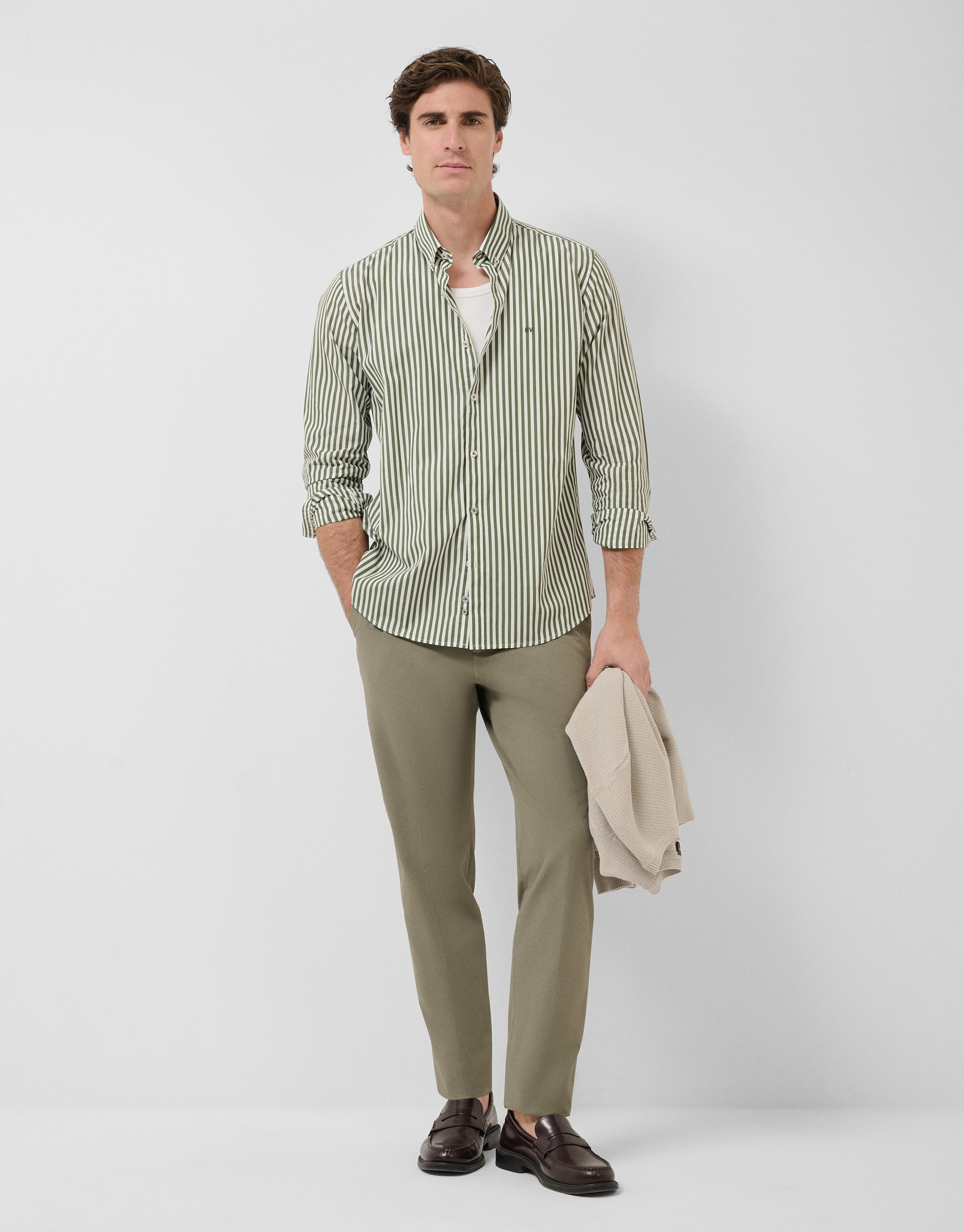 Regular fit white and khaki striped shirt - Man | Roberto Verino