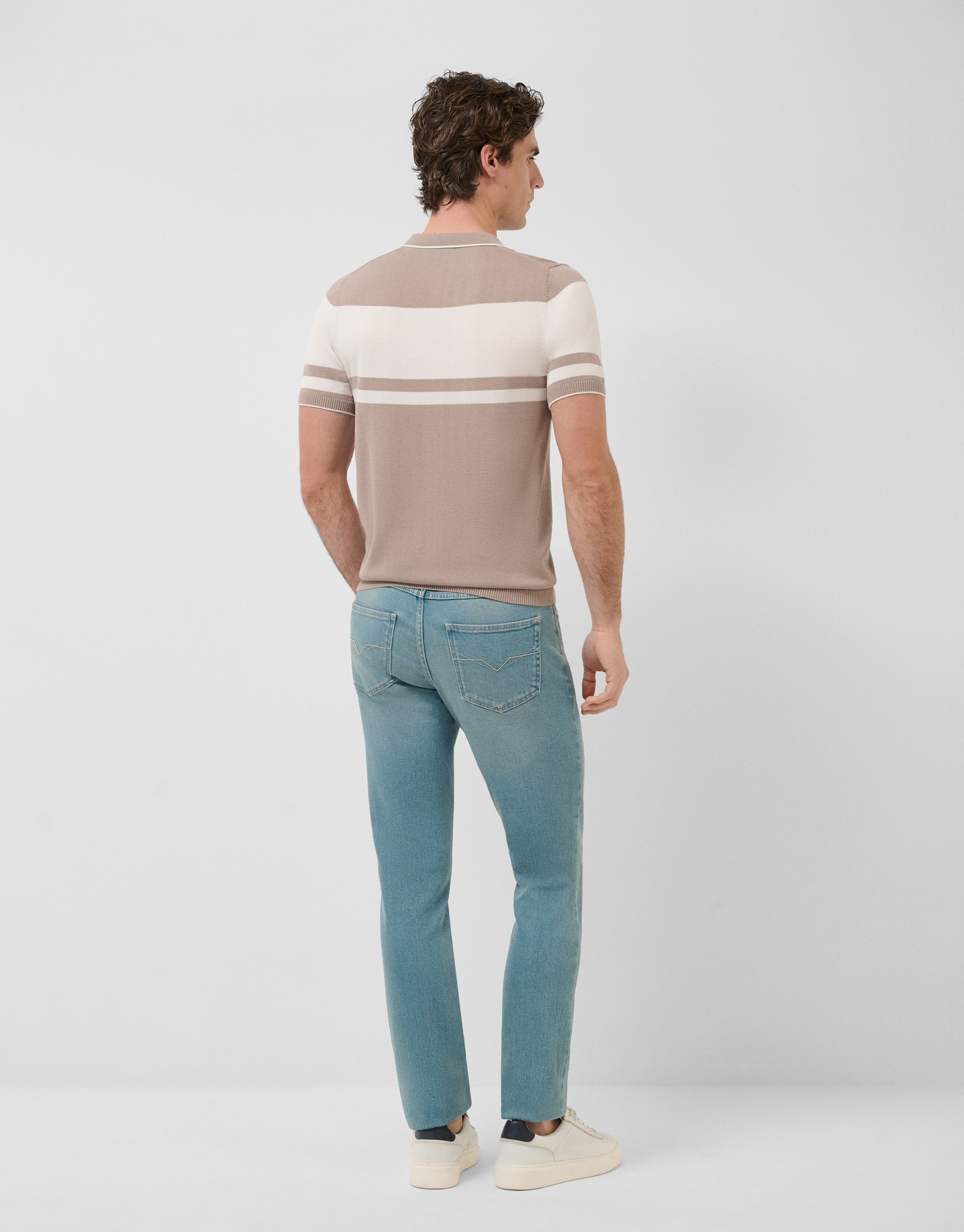 Mink blue/white striped knitted polo shirt | Roberto Verino