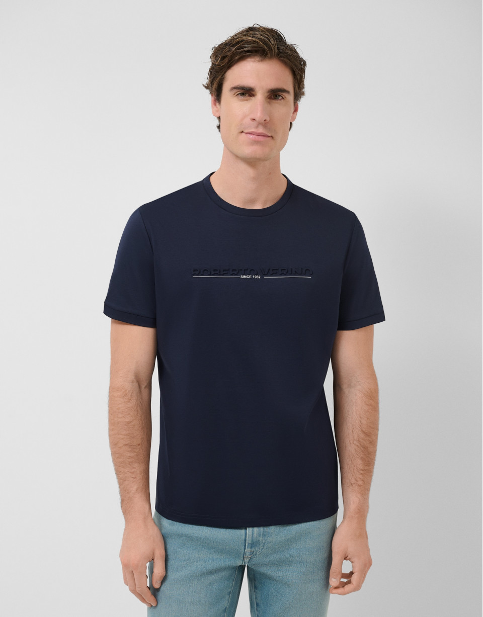 Navy blue short-sleeved T-shirt with logo on ... | Roberto Verino