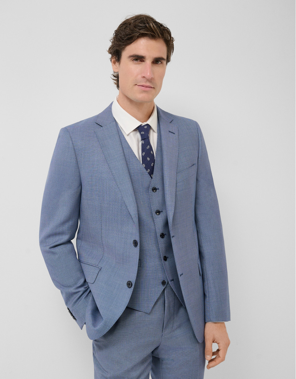 Half canvas slim fit suit in blue-grey bird's... | Roberto Verino
