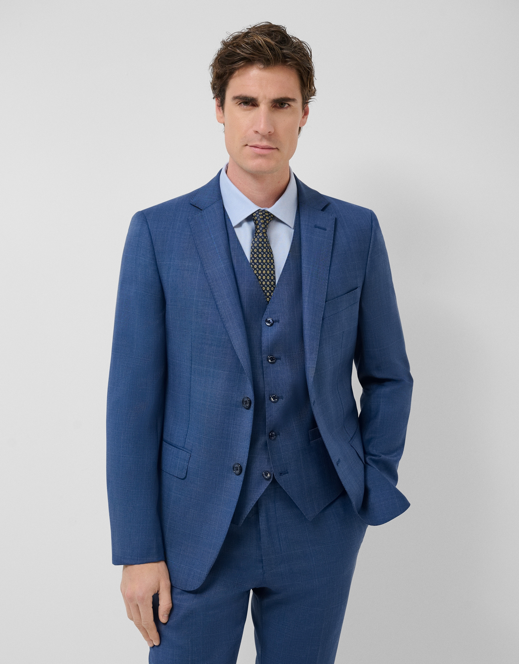 Half canvas slim fit suit in ink blue check | Roberto Verino