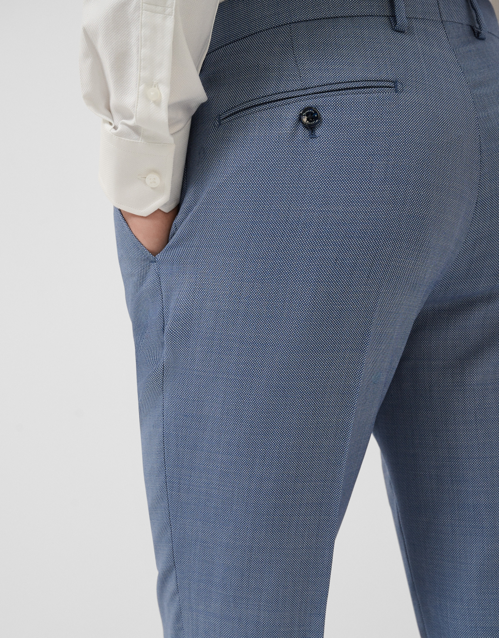 Half canvas slim fit suit in blue-grey bird's... | Roberto Verino