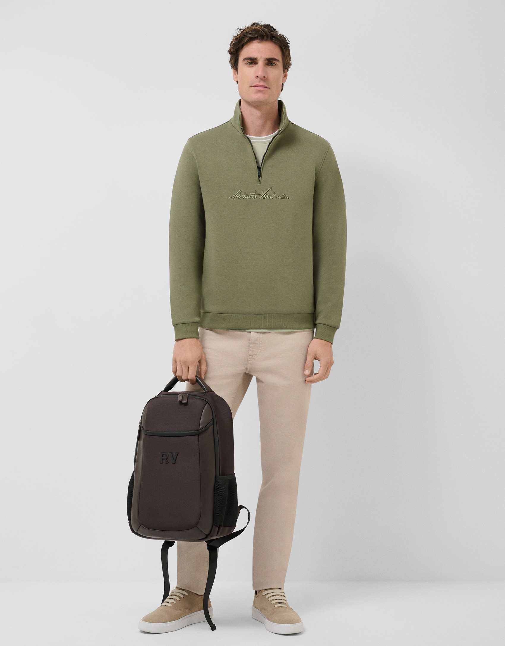 Khaki half-zip sweatshirt with chest logo - Man | Roberto Verino