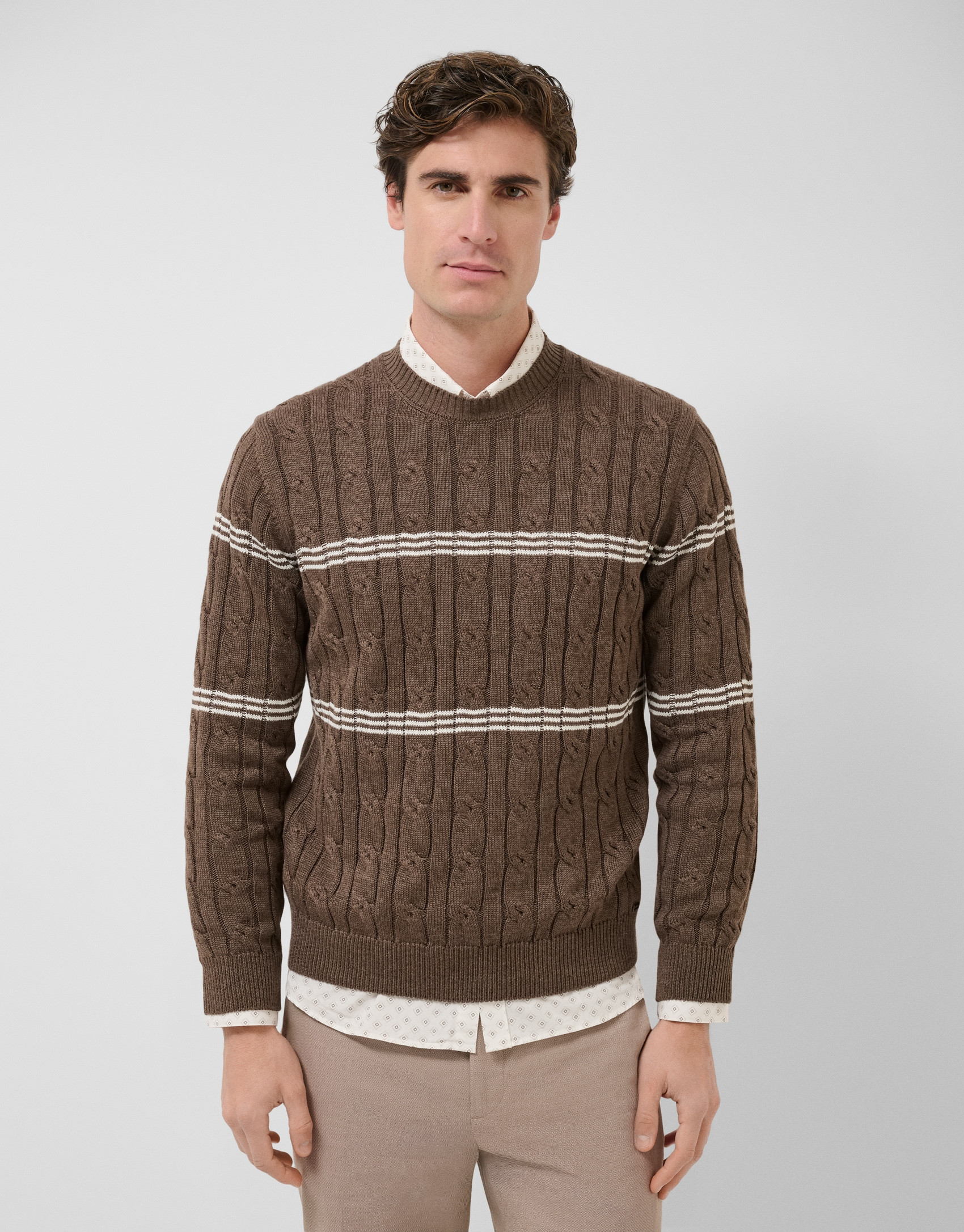Mink and white cable knit jumper - Man - SS2026 | Roberto Verino