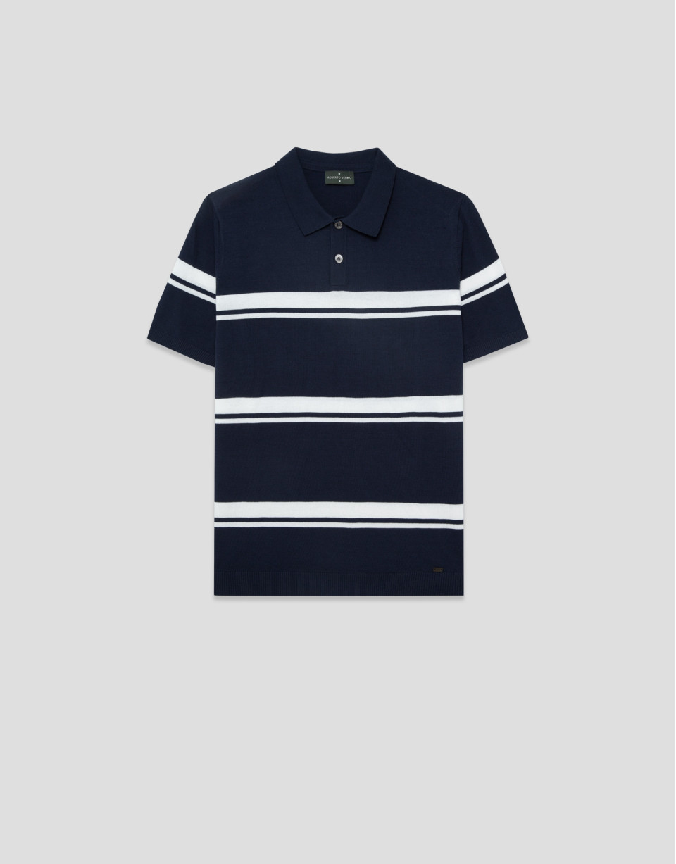High twist navy/white striped knit polo shirt | Roberto Verino