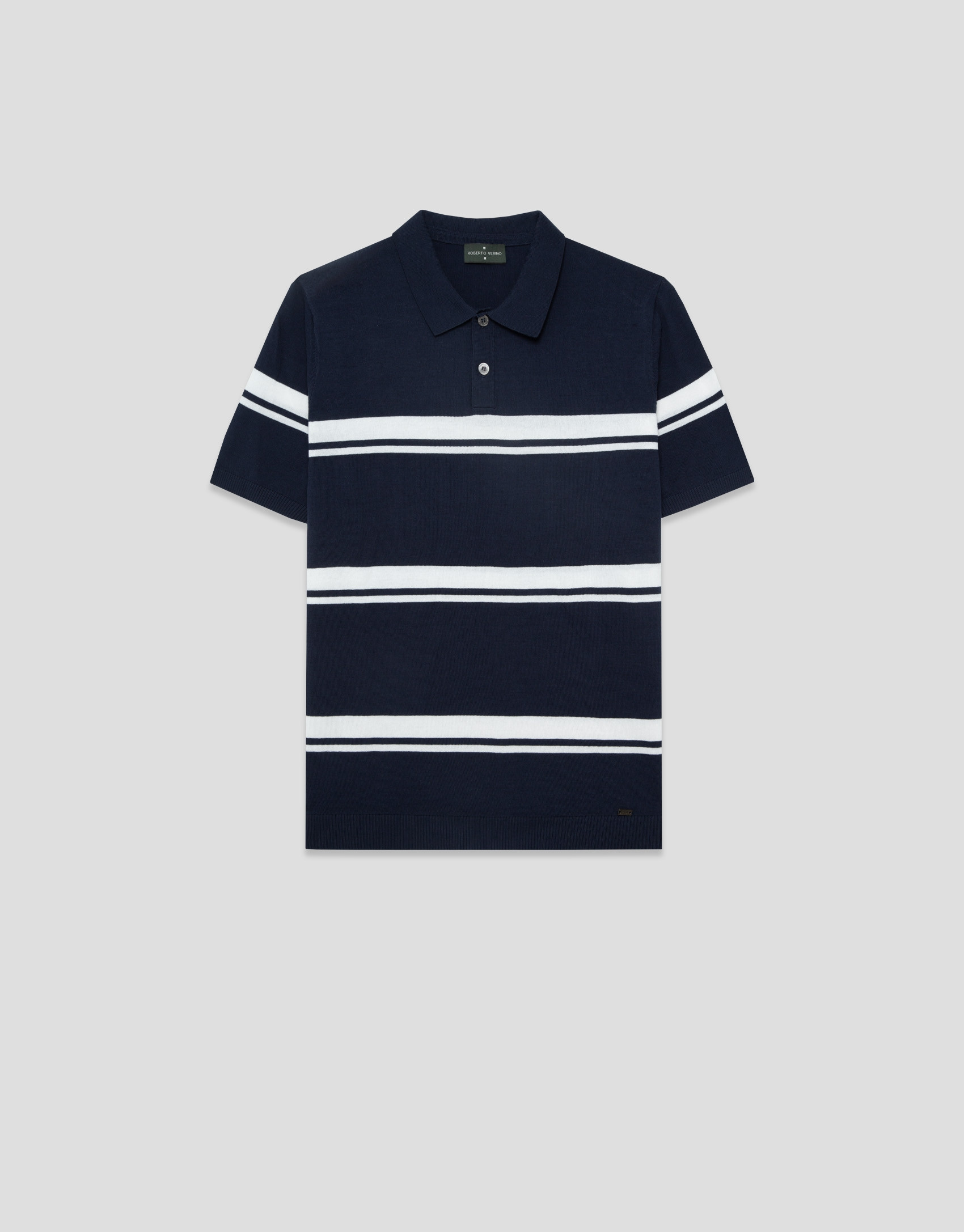 High twist navy/white striped knit polo shirt | Roberto Verino