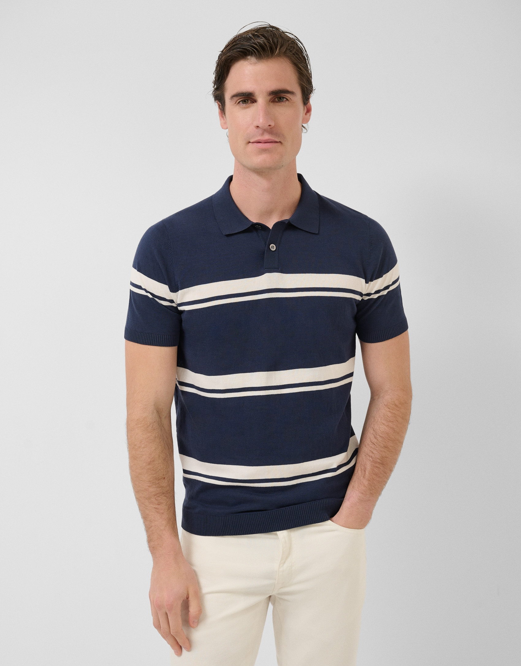 High twist navy/white striped knit polo shirt | Roberto Verino