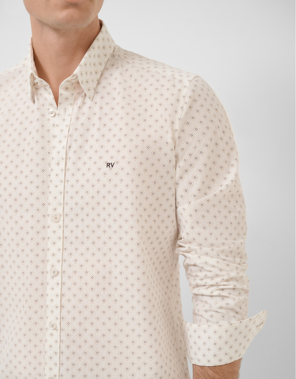 Slim-fit white shirt with brown geometric print | Roberto Verino