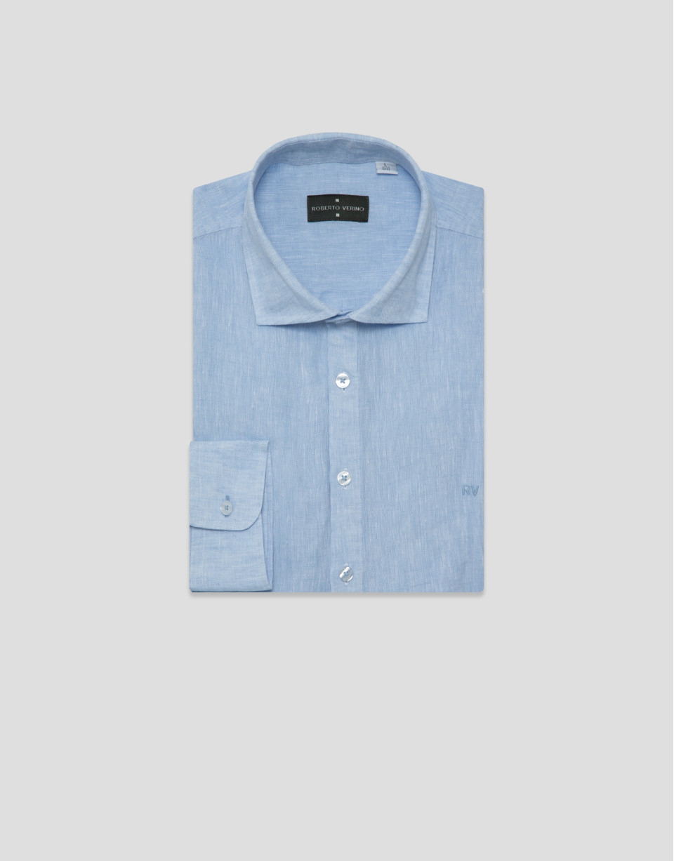 Camisa sport regular tipo polo lino celeste | Roberto Verino