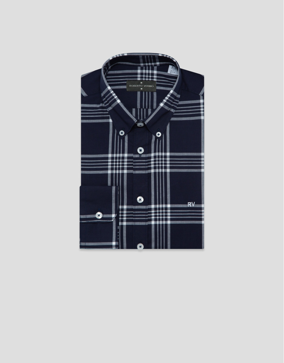 Regular navy blue checked shirt with white trim | Roberto Verino