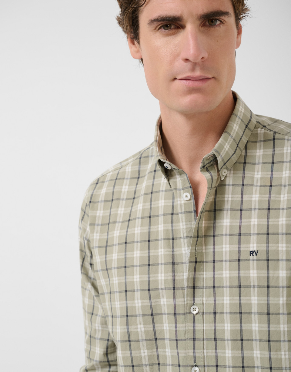Regular fit khaki checked shirt with navy and... | Roberto Verino