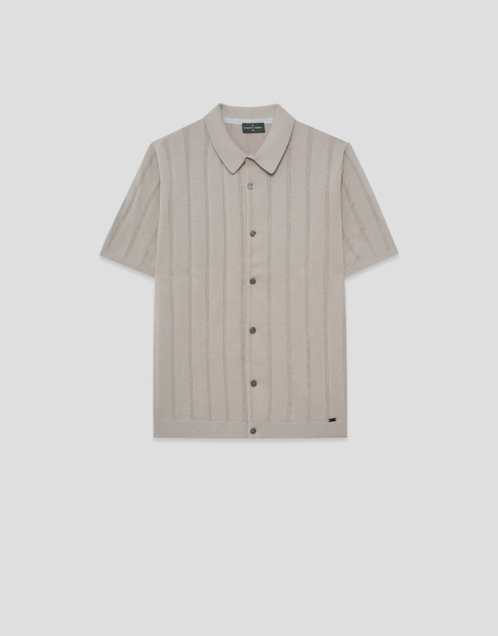 Open-neck mink-coloured cable knit polo shirt | Roberto Verino