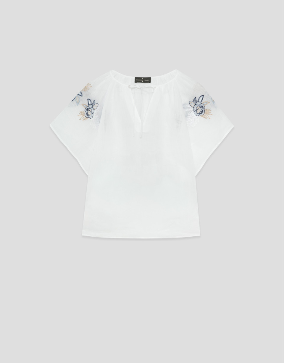 Blusa blanca con bordado floral azul - Mujer | Roberto Verino