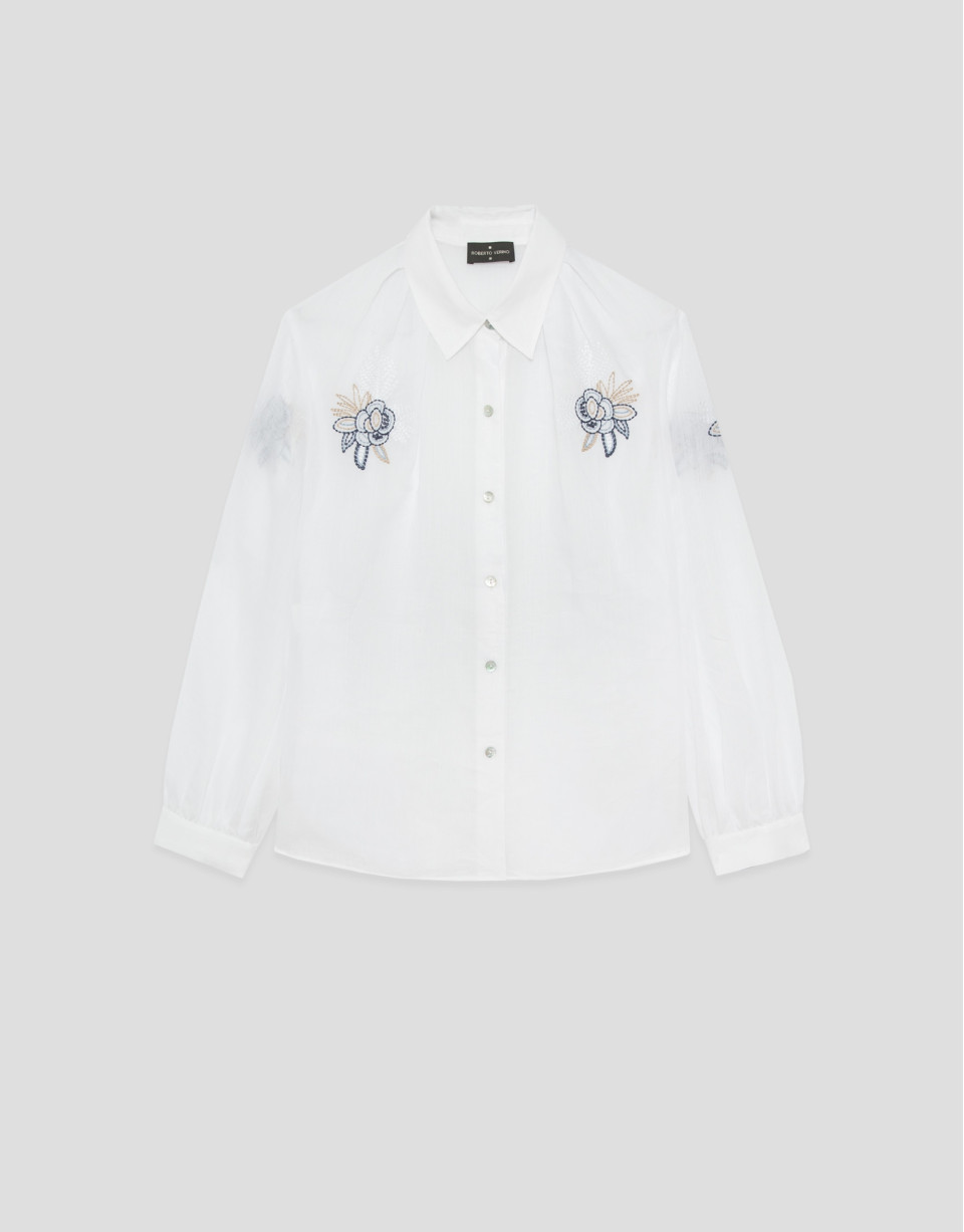 Camisa blanca con bordados azules en hombros | Roberto Verino