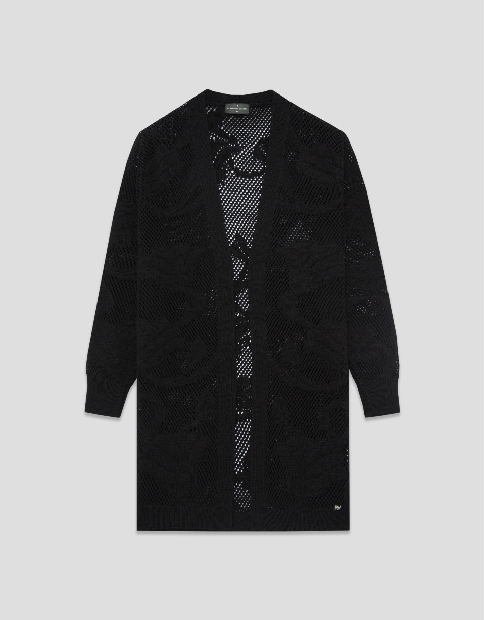 Long black jacket with floral cut-outs - Woman | Roberto Verino
