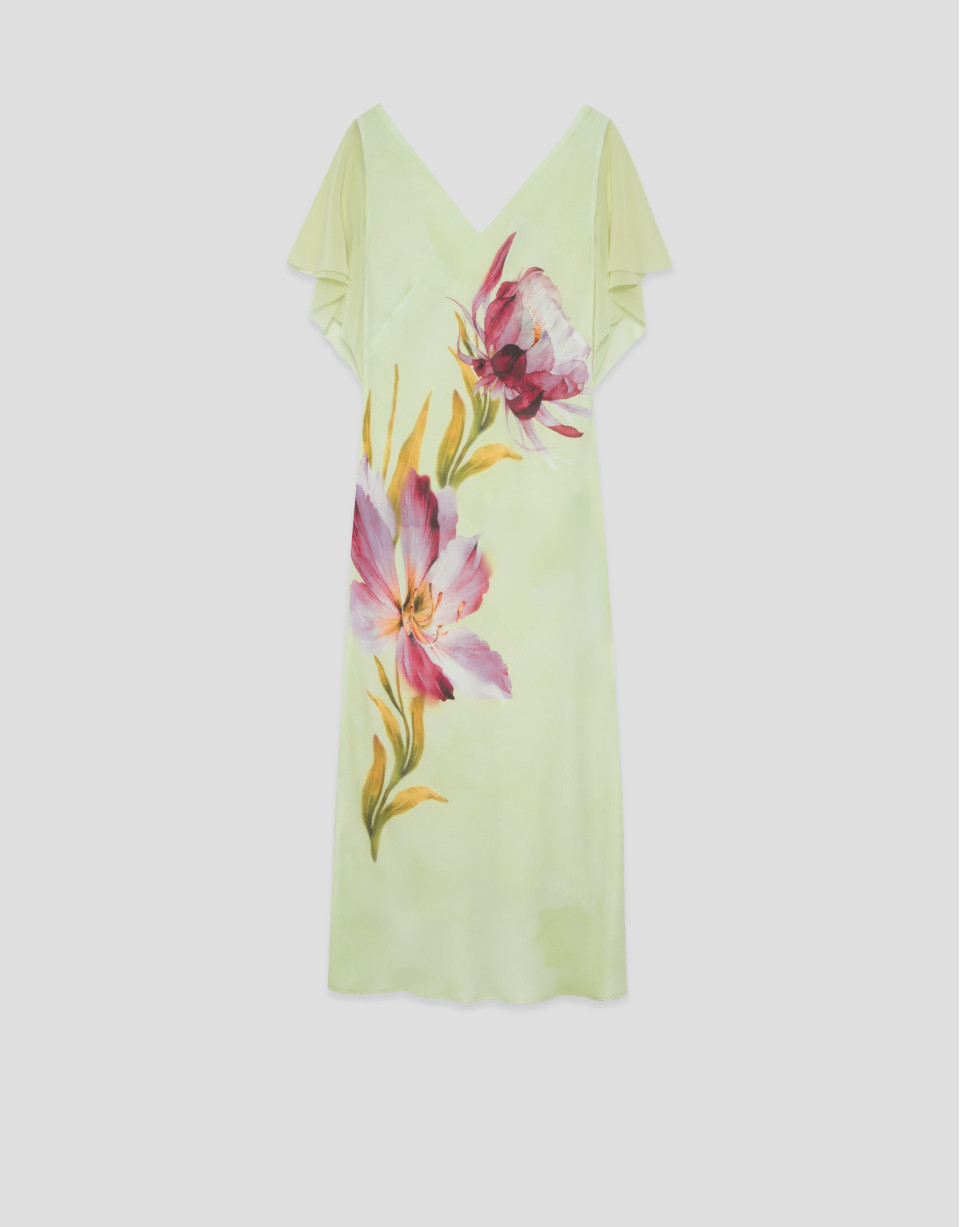 Green crepe flared midi dress with flower | Roberto Verino