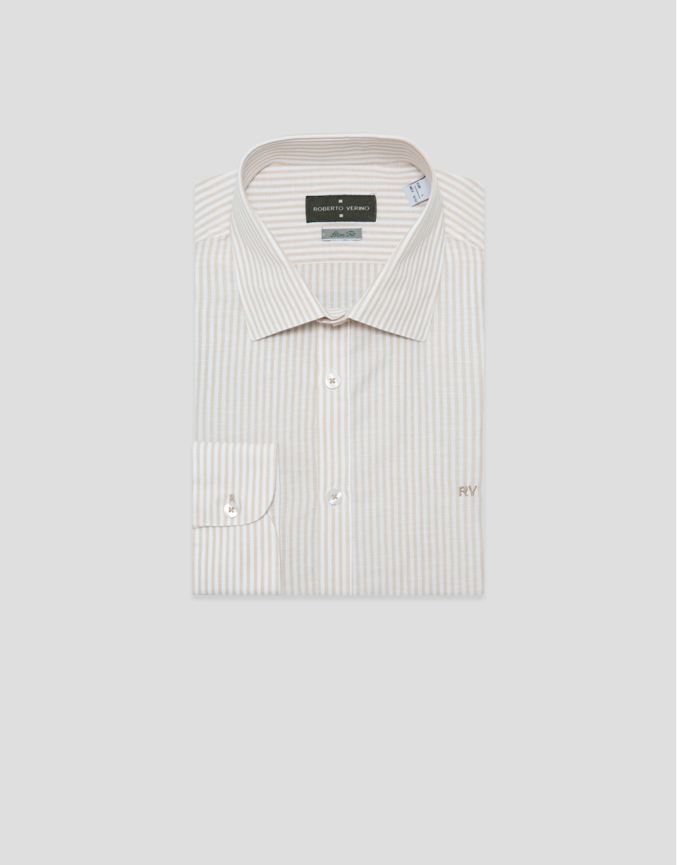 Slim fit sports shirt with sand and white ... | Roberto Verino