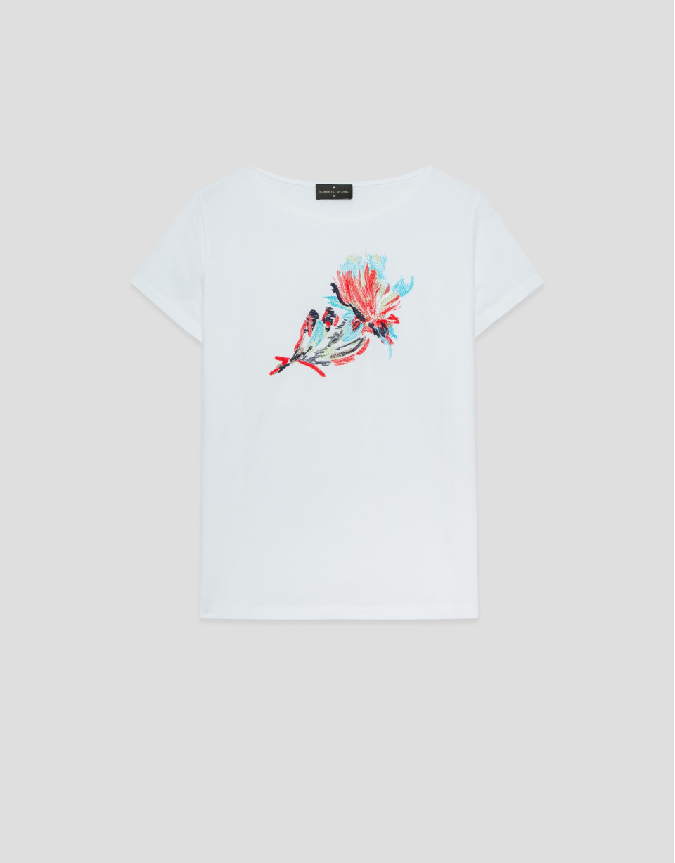 Camiseta algodón blanco con bordado flor | Roberto Verino