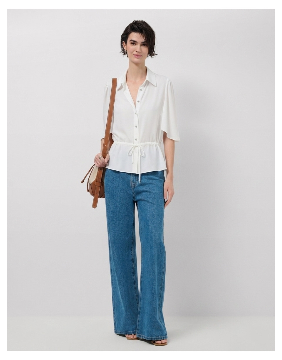 Ecru ruffle sleeve blouse with gathered waist | Roberto Verino