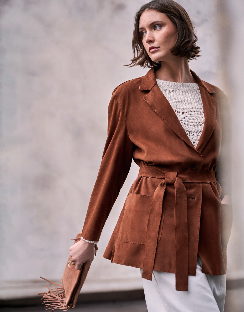 Brown suede jacket with belt - Woman - SS2026 | Roberto Verino