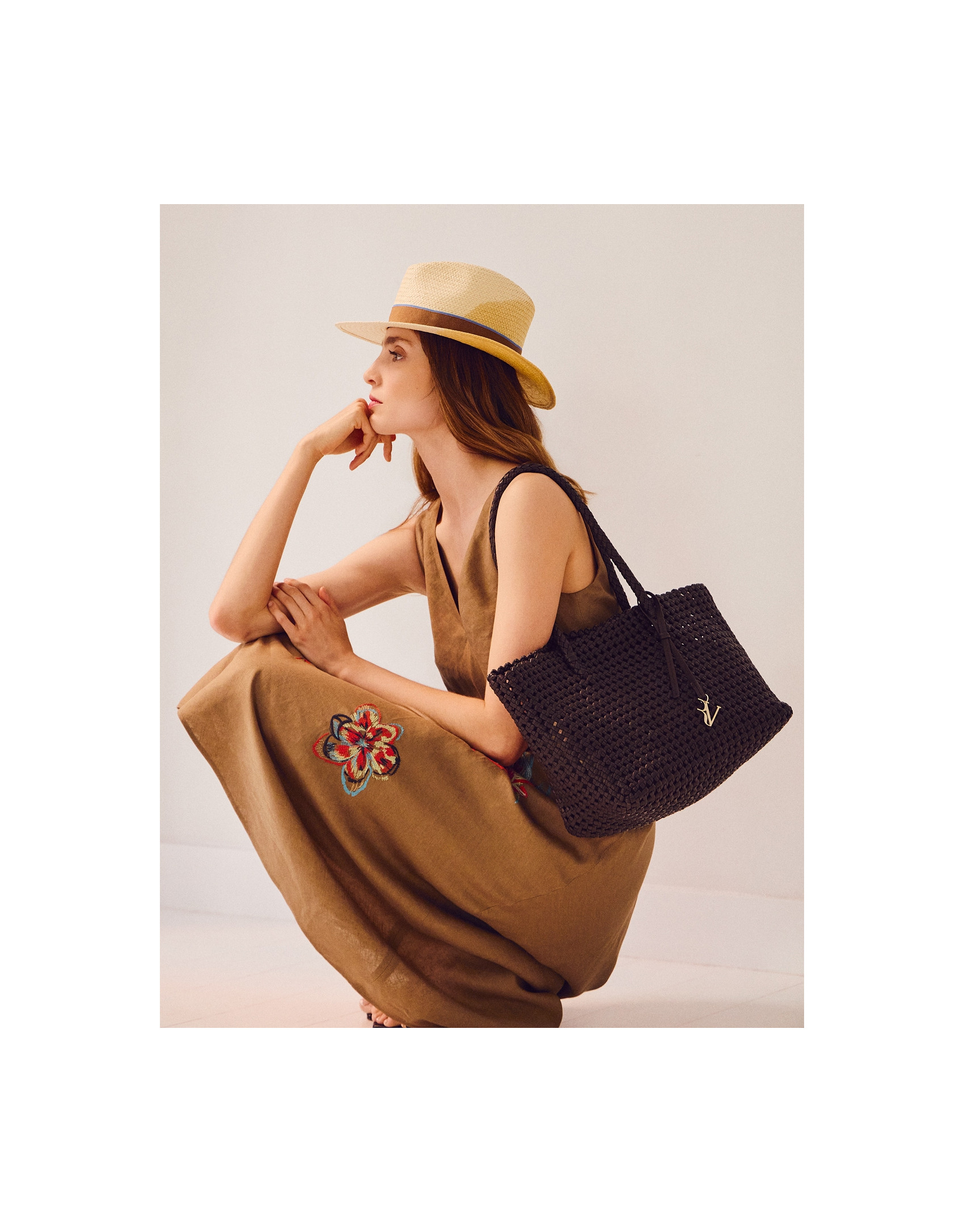 Paola Shopper shoulder bag in brown knotted ... | Roberto Verino