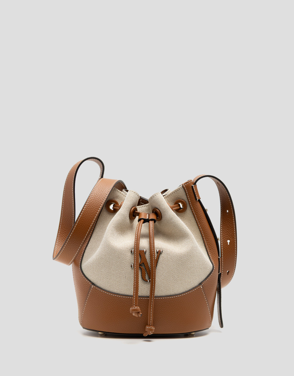 Iera Bucket shoulder bag in canvas and camel ... | Roberto Verino