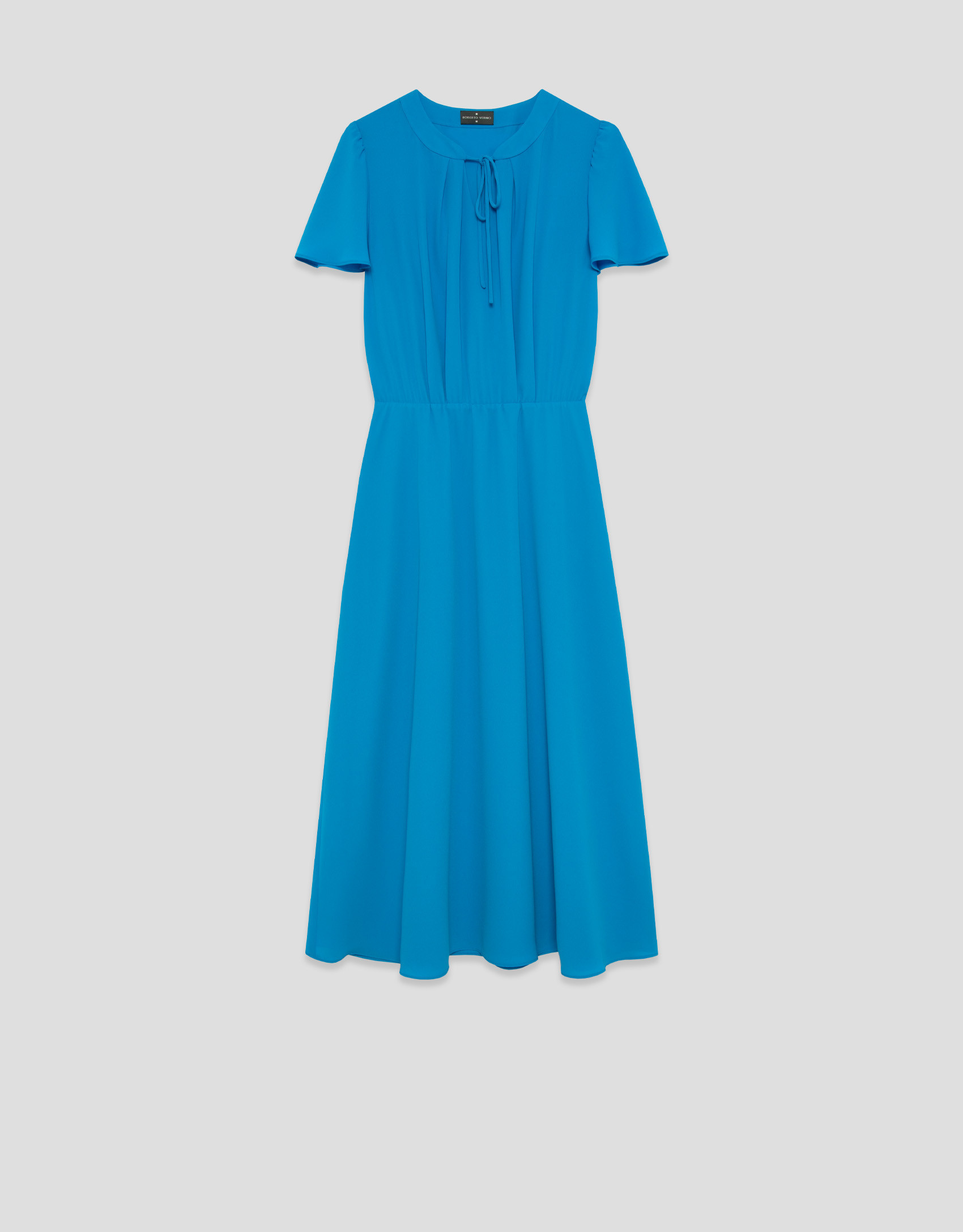 Vestido midi fruncido azul con manga capa | Roberto Verino