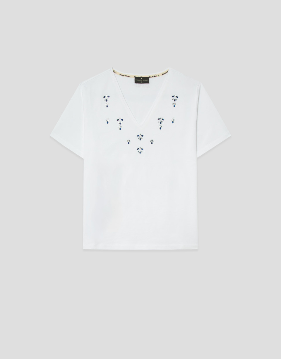 White cotton V-neck t-shirt with rhinestones | Roberto Verino